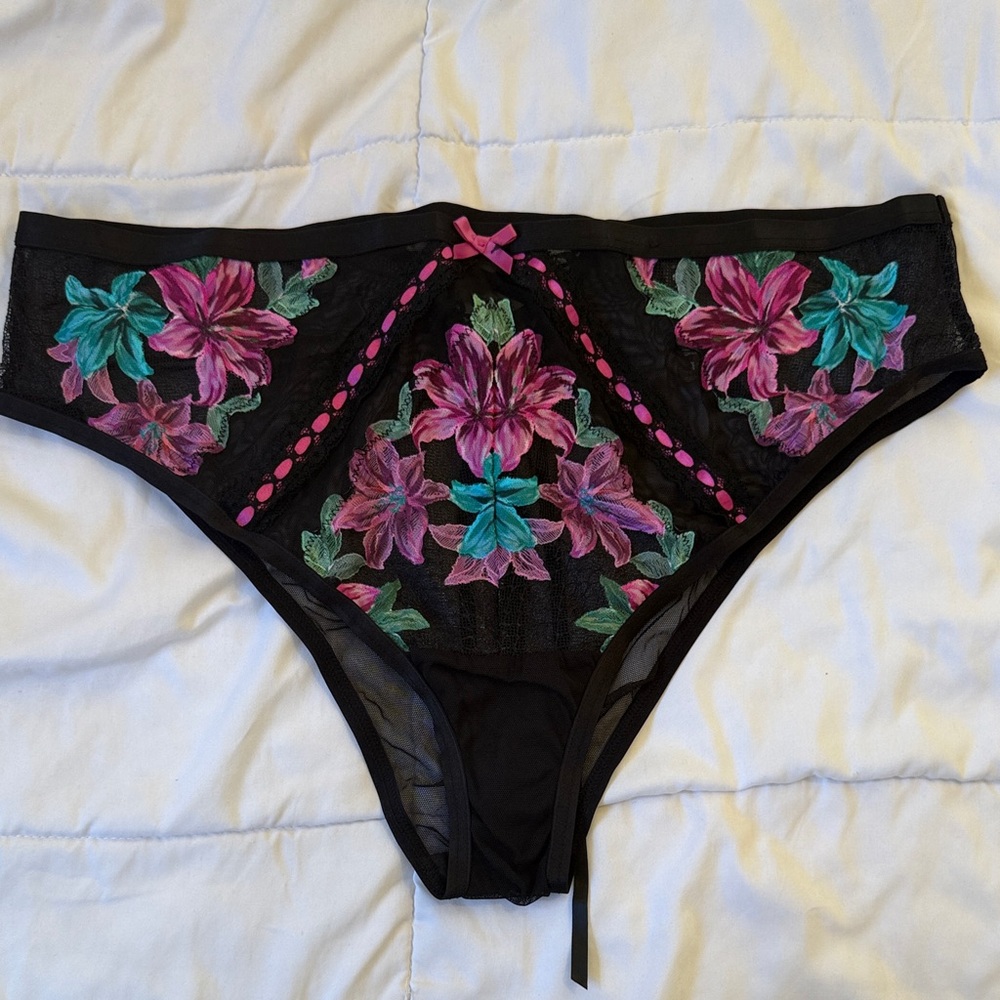 Torrid nova cheeky sheer Brief with Teal, Pink & Purple Floral Embroidery